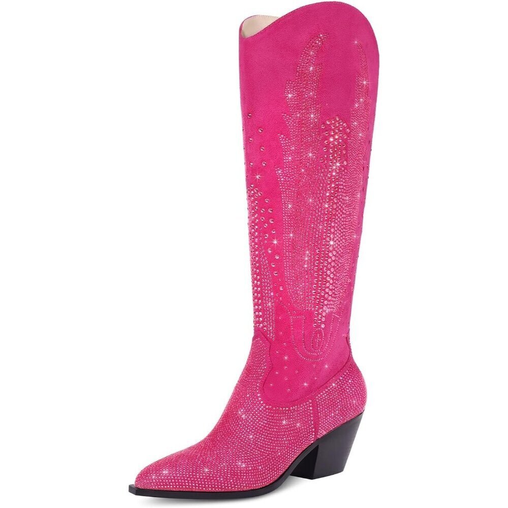 Women Polyurethane Hot Pink Knee High Pointed Toe Chunky Heel Rhinestone Boot